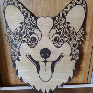 Laser Engraved Welsh Corgi Head Wooden Wall Decor